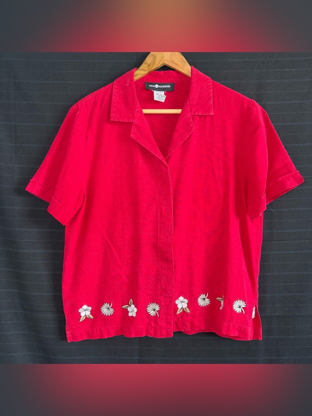 Sag Harbor Red Linen Blend Short Sleeve Shirt 10 Vintage Embroidered Flowers